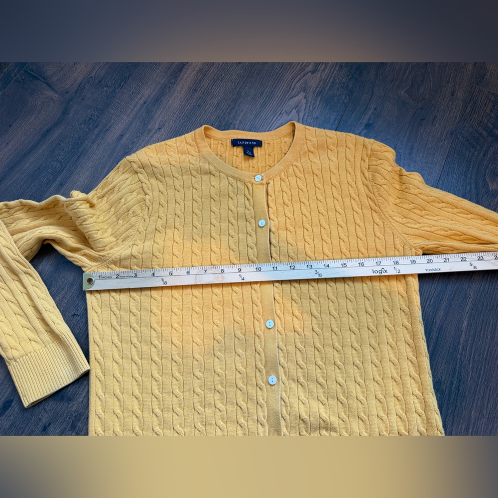 Lands End Women’s Cable Knit Mustard Yellow Cotton Cardigan Size Large - Picture 11 of 12